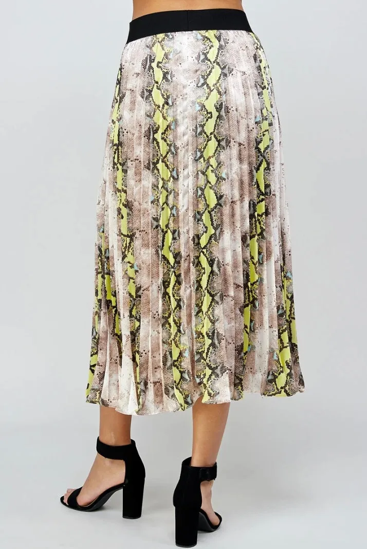 Animal Print Pleats Midi Skirt - Neon Yellow/Green