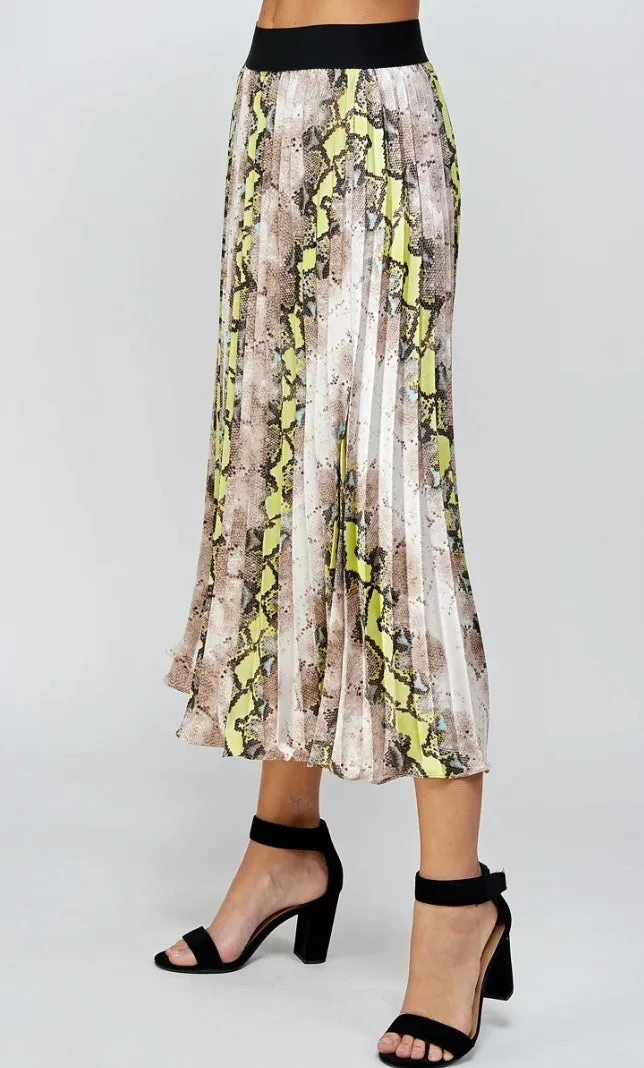 Animal Print Pleats Midi Skirt - Neon Yellow/Green