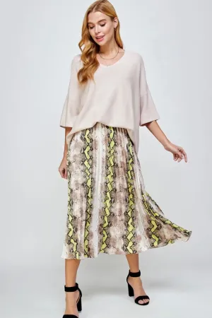 Animal Print Pleats Midi Skirt - Neon Yellow/Green