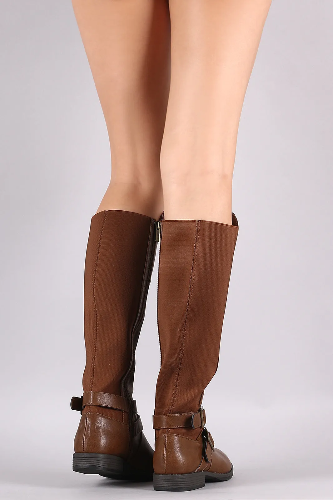 Bamboo Elastic Back Panel Buckled Riding Knee High Boots