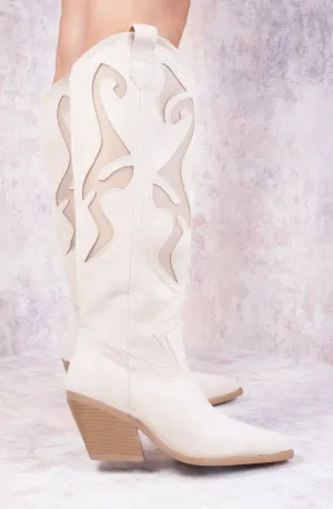 Beige Faux Suede Western Style Knee High Mesh Cowboy Boot