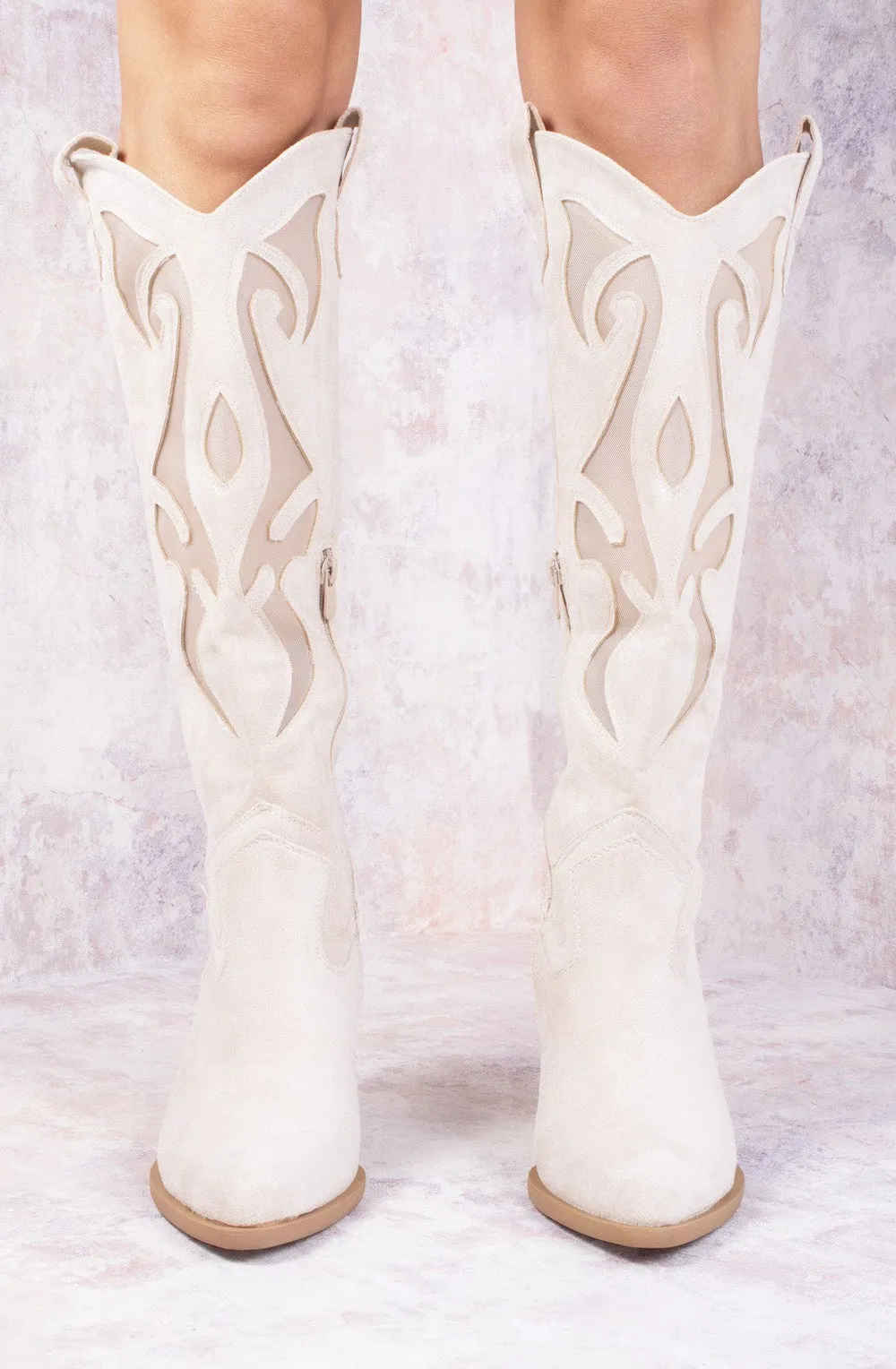 Beige Faux Suede Western Style Knee High Mesh Cowboy Boot