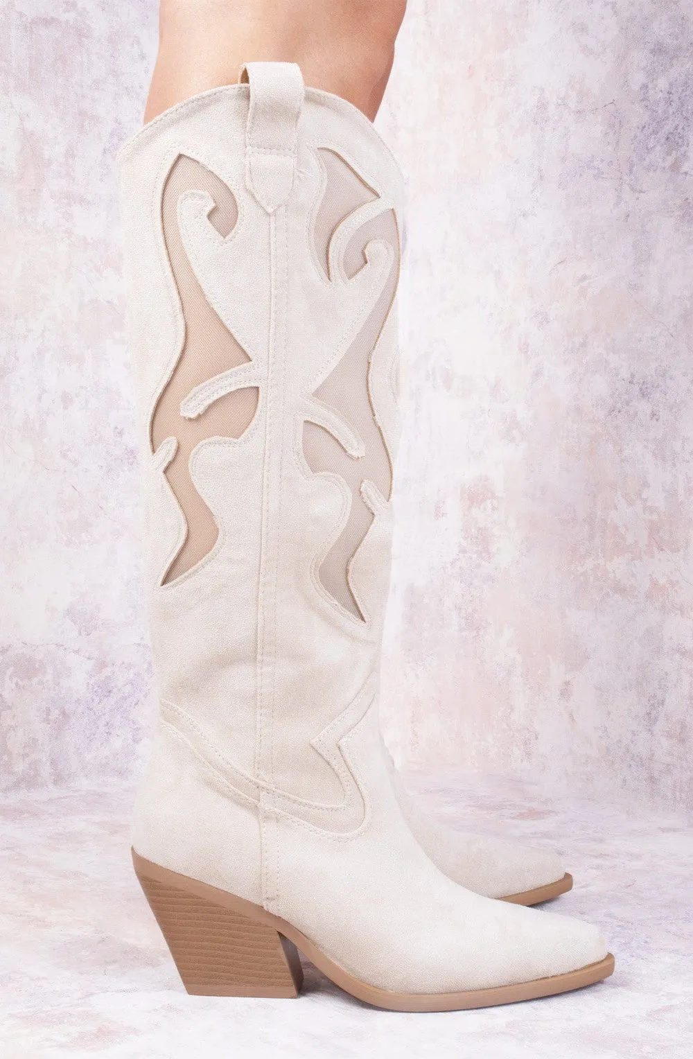 Beige Faux Suede Western Style Knee High Mesh Cowboy Boot