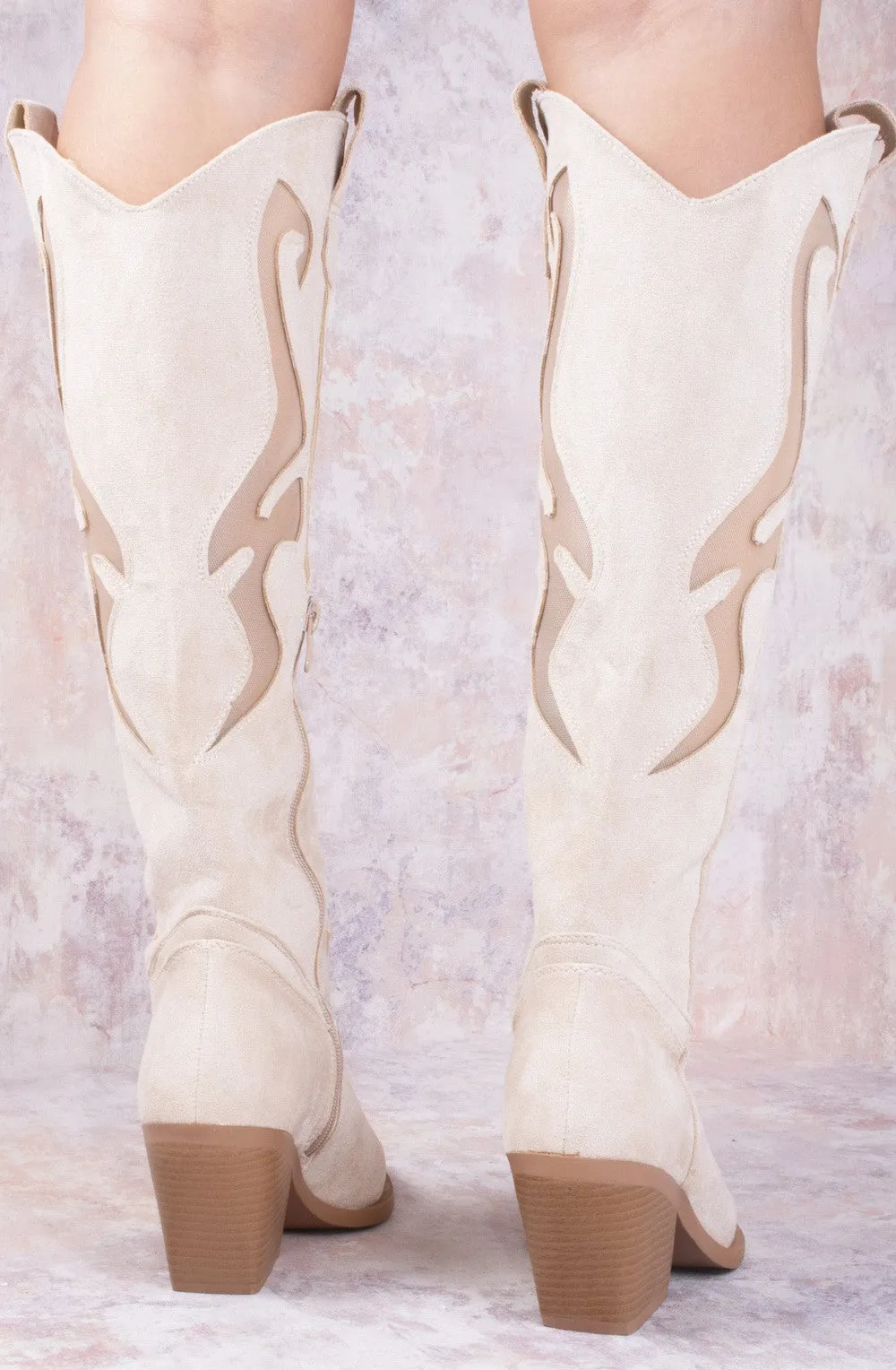 Beige Faux Suede Western Style Knee High Mesh Cowboy Boot