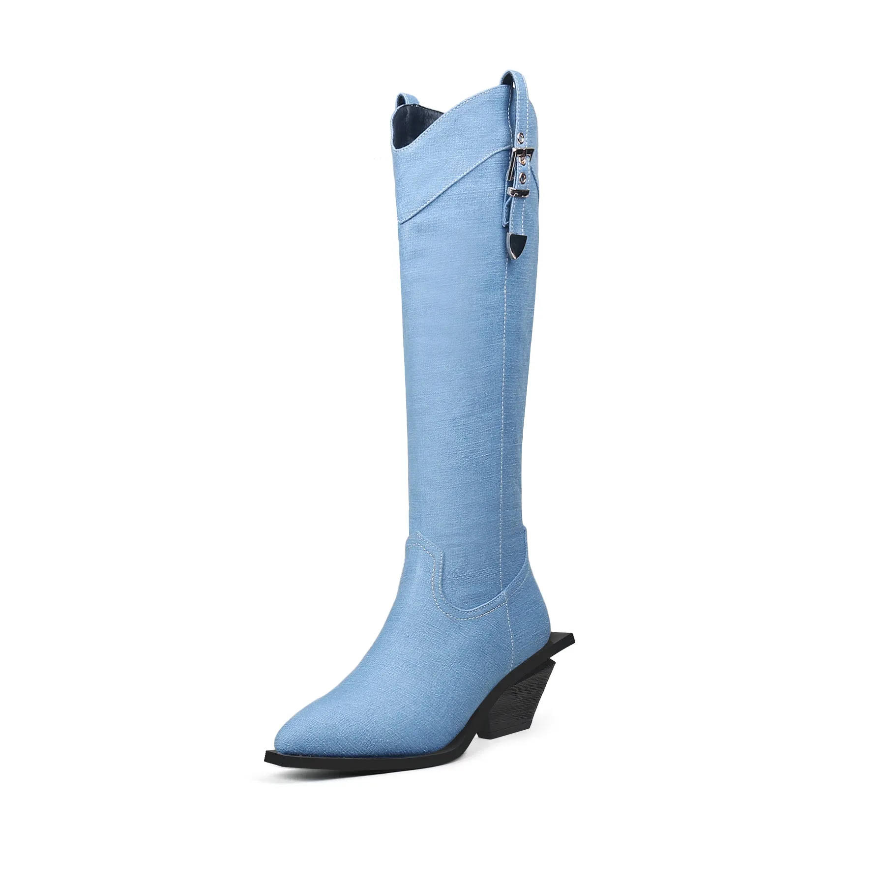 Belted Denim Knee-High Cowgirl Boots