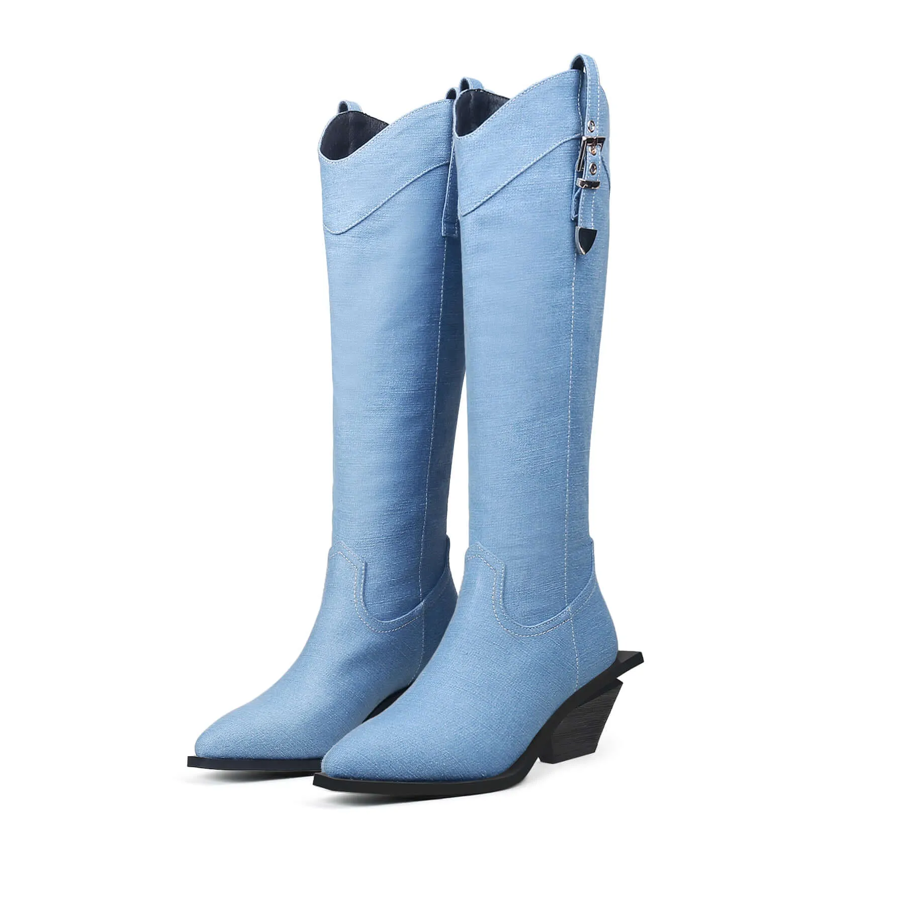 Belted Denim Knee-High Cowgirl Boots