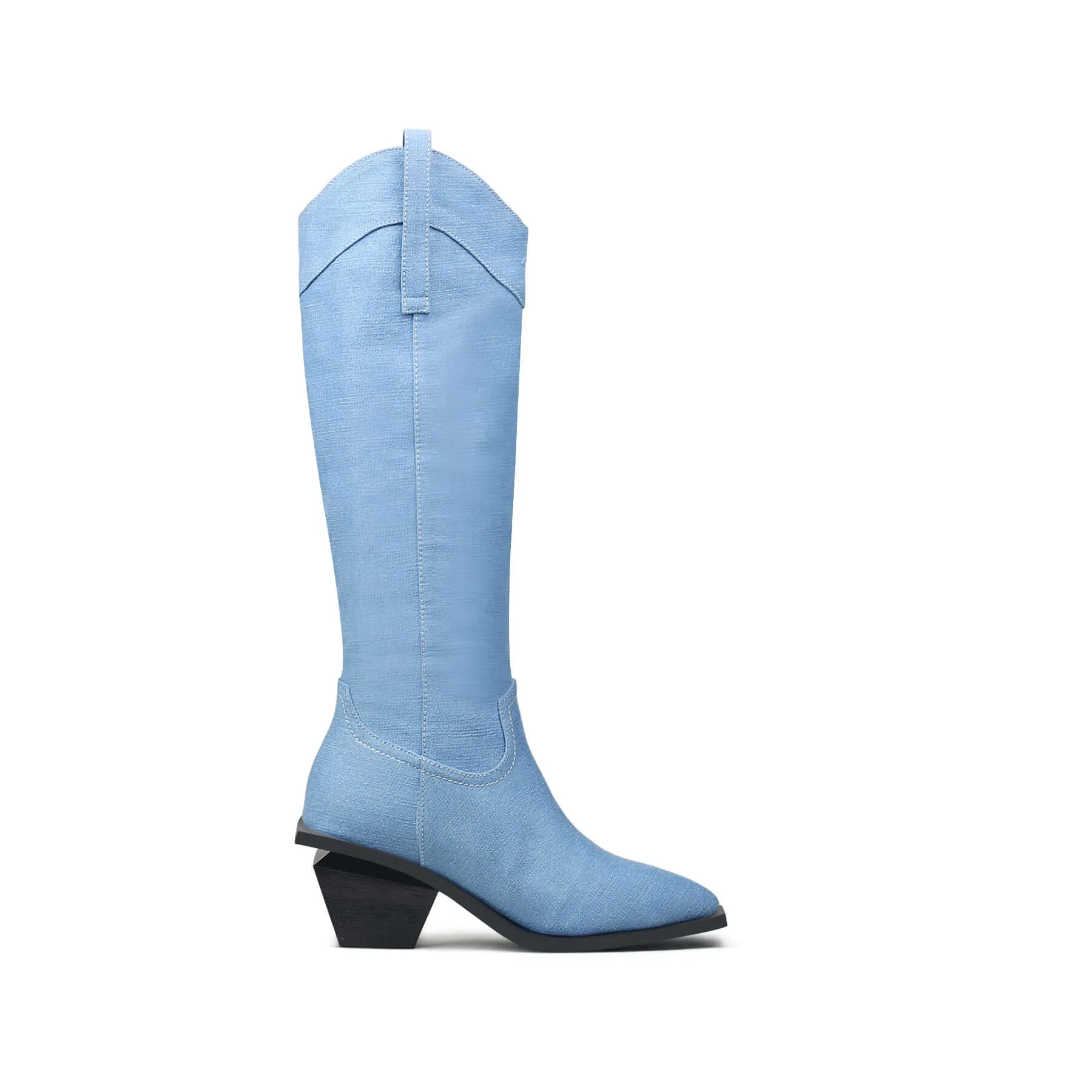 Belted Denim Knee-High Cowgirl Boots