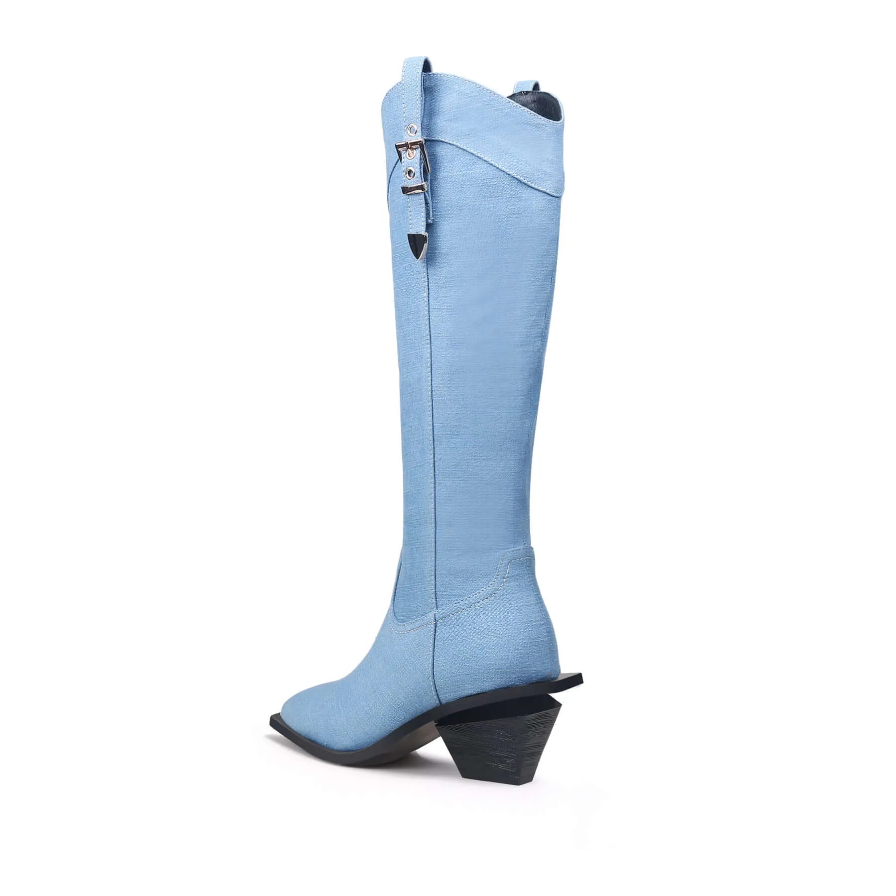 Belted Denim Knee-High Cowgirl Boots