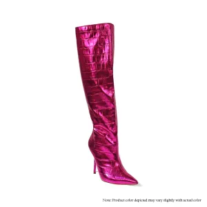 BEXIE-14 KNEE HIGH STRAIGHT CROC METALLIC BOOTS - FUCHSIA