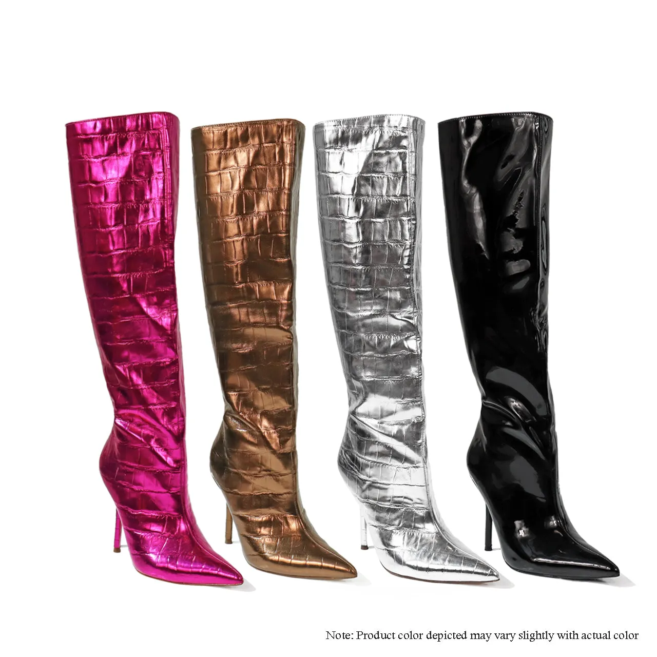 BEXIE-14 KNEE HIGH STRAIGHT CROC METALLIC BOOTS - FUCHSIA