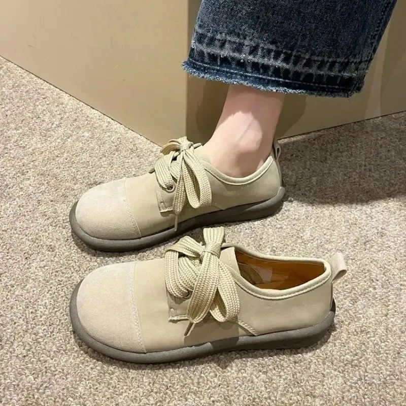binfenxie  -  Women Leather Casual Shoes Flat Heel Square Toe Sneakers Spring Autumn Retro Leather Shoes Oxford Flats Fashion Light Soft New