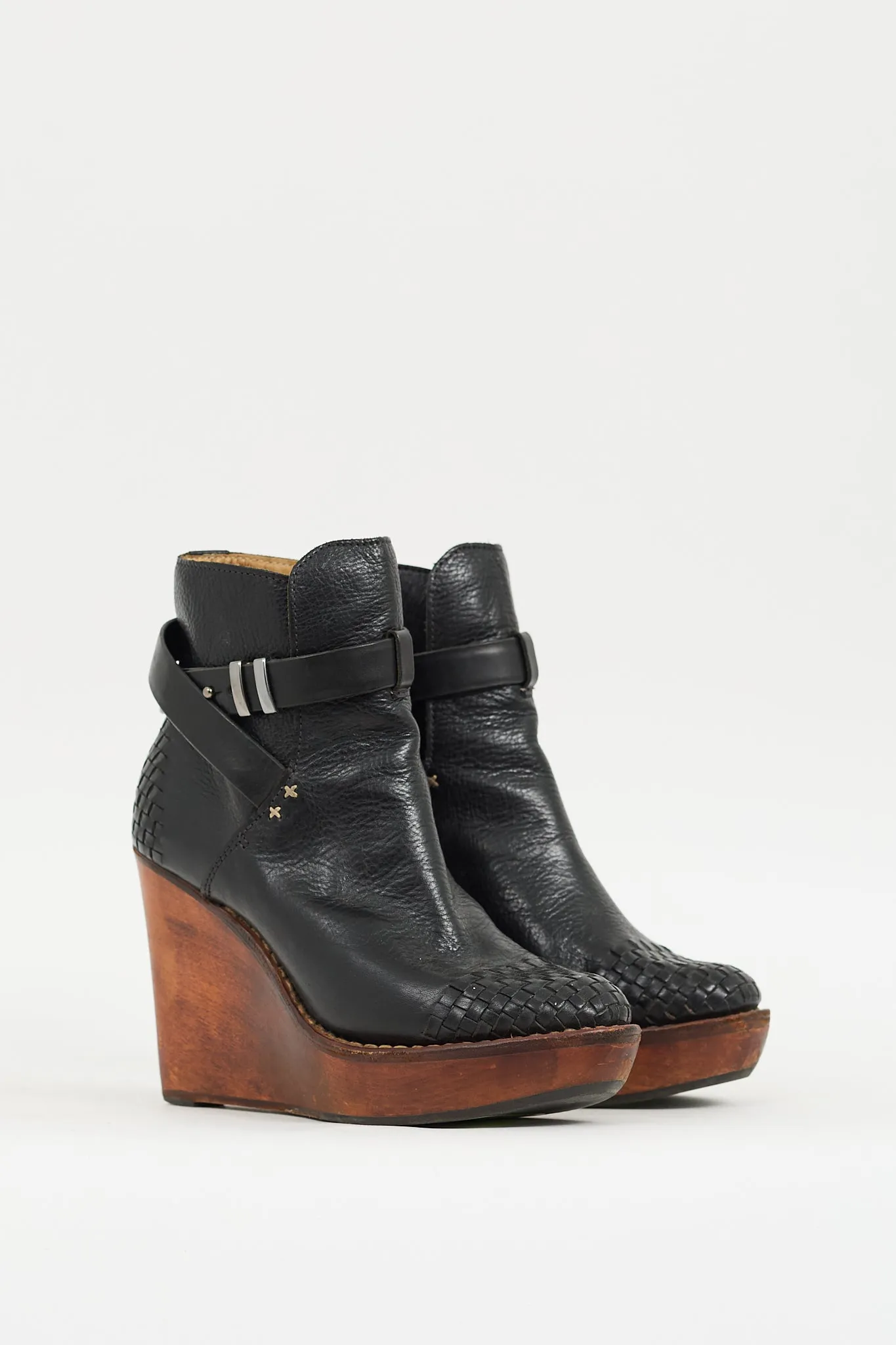 Black & Brown Leather Emery Woven Wedge Boot
