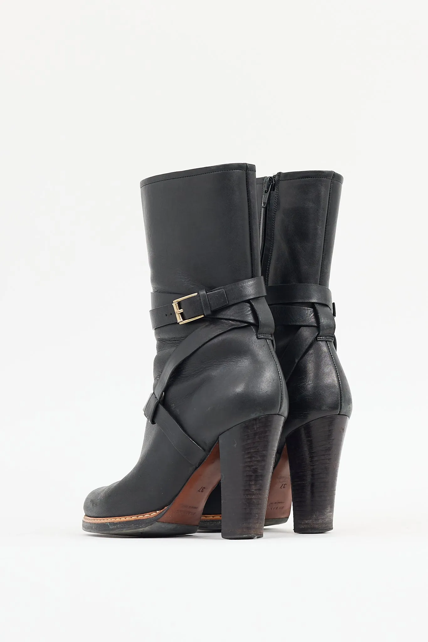 Black Leather Knee High Harness Boot