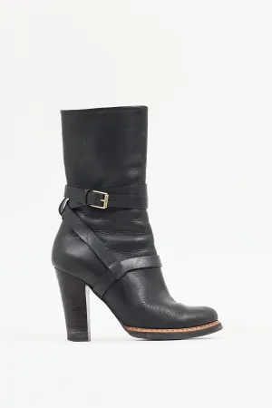 Black Leather Knee High Harness Boot