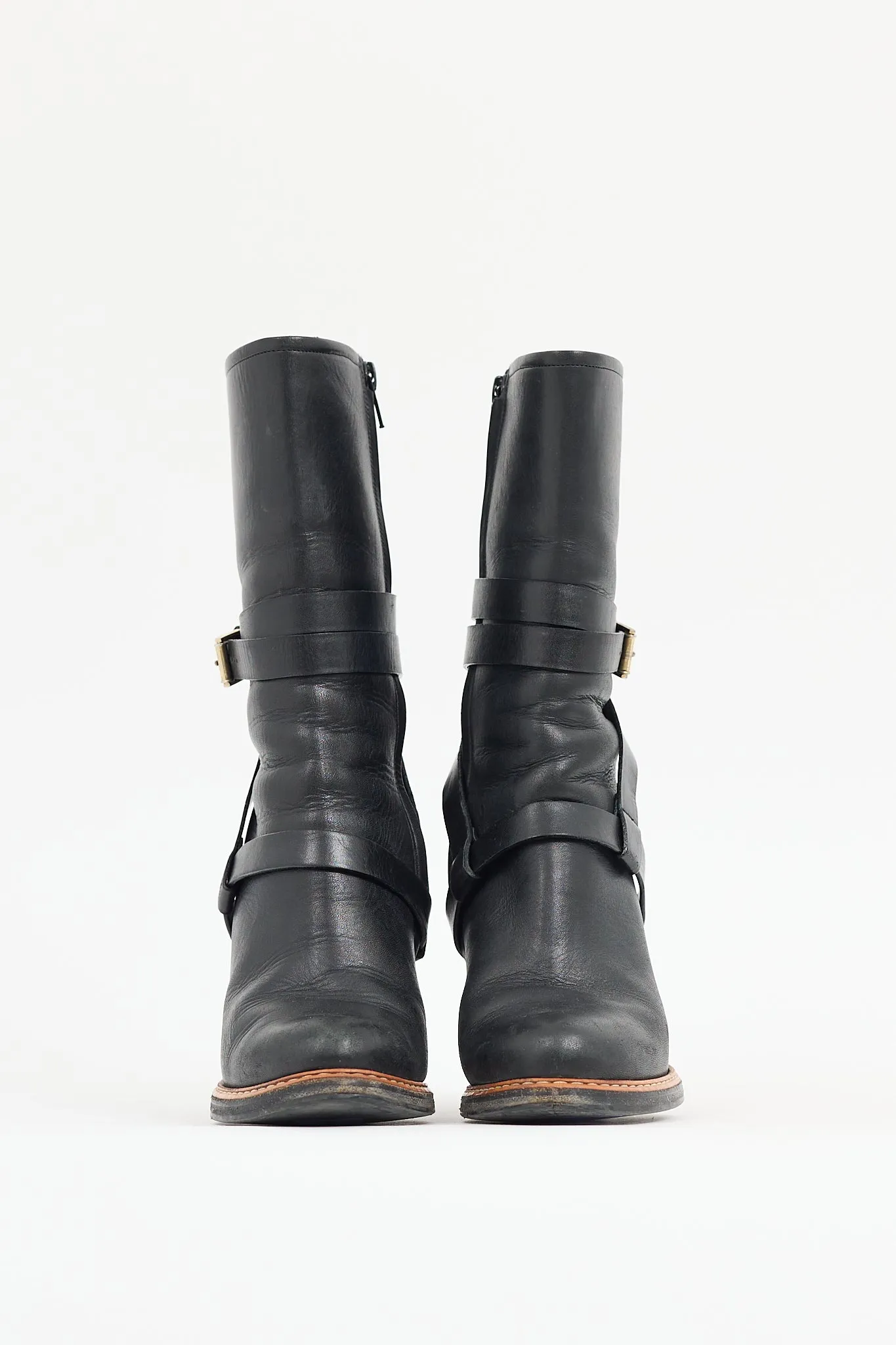 Black Leather Knee High Harness Boot