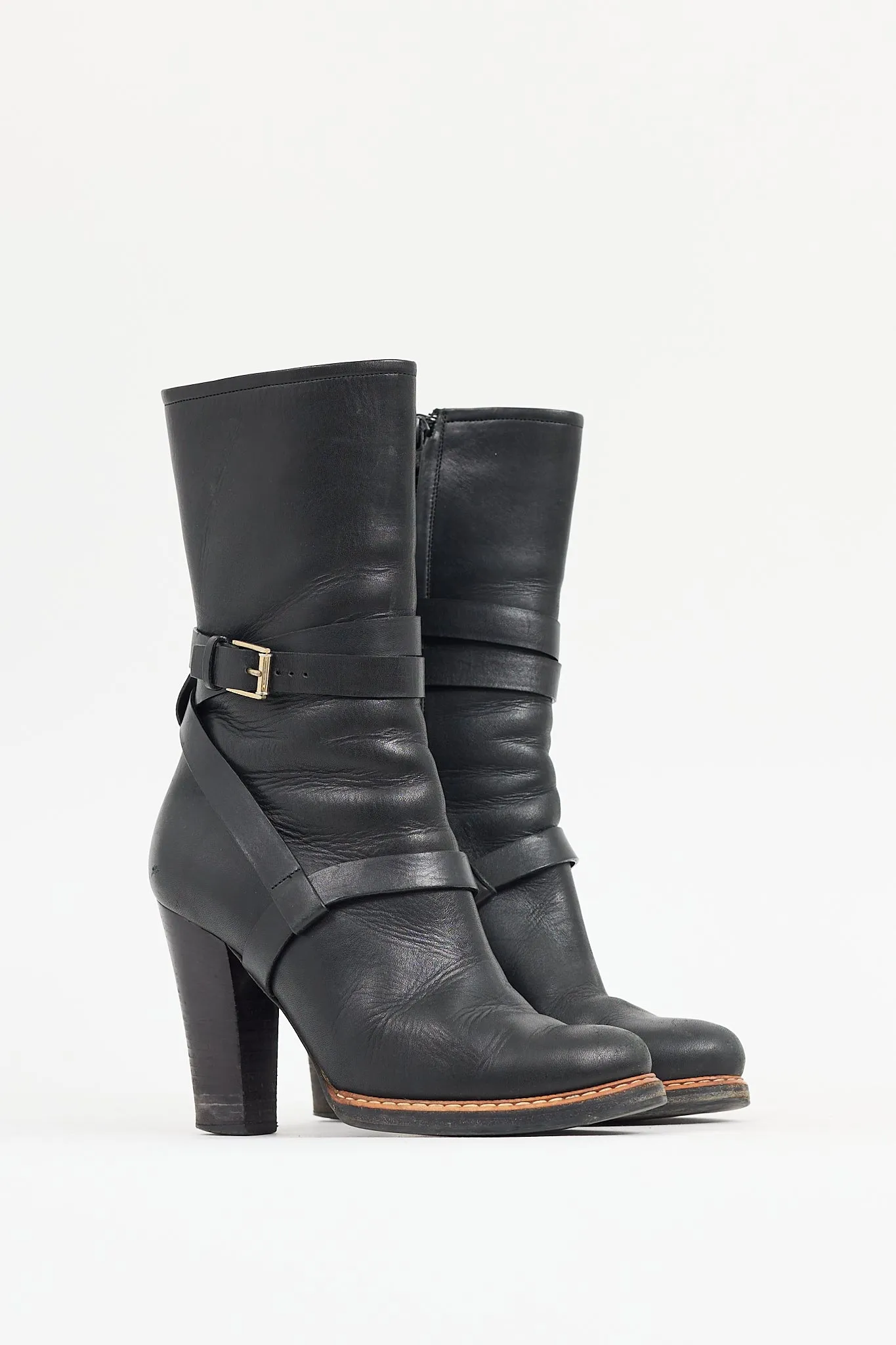 Black Leather Knee High Harness Boot