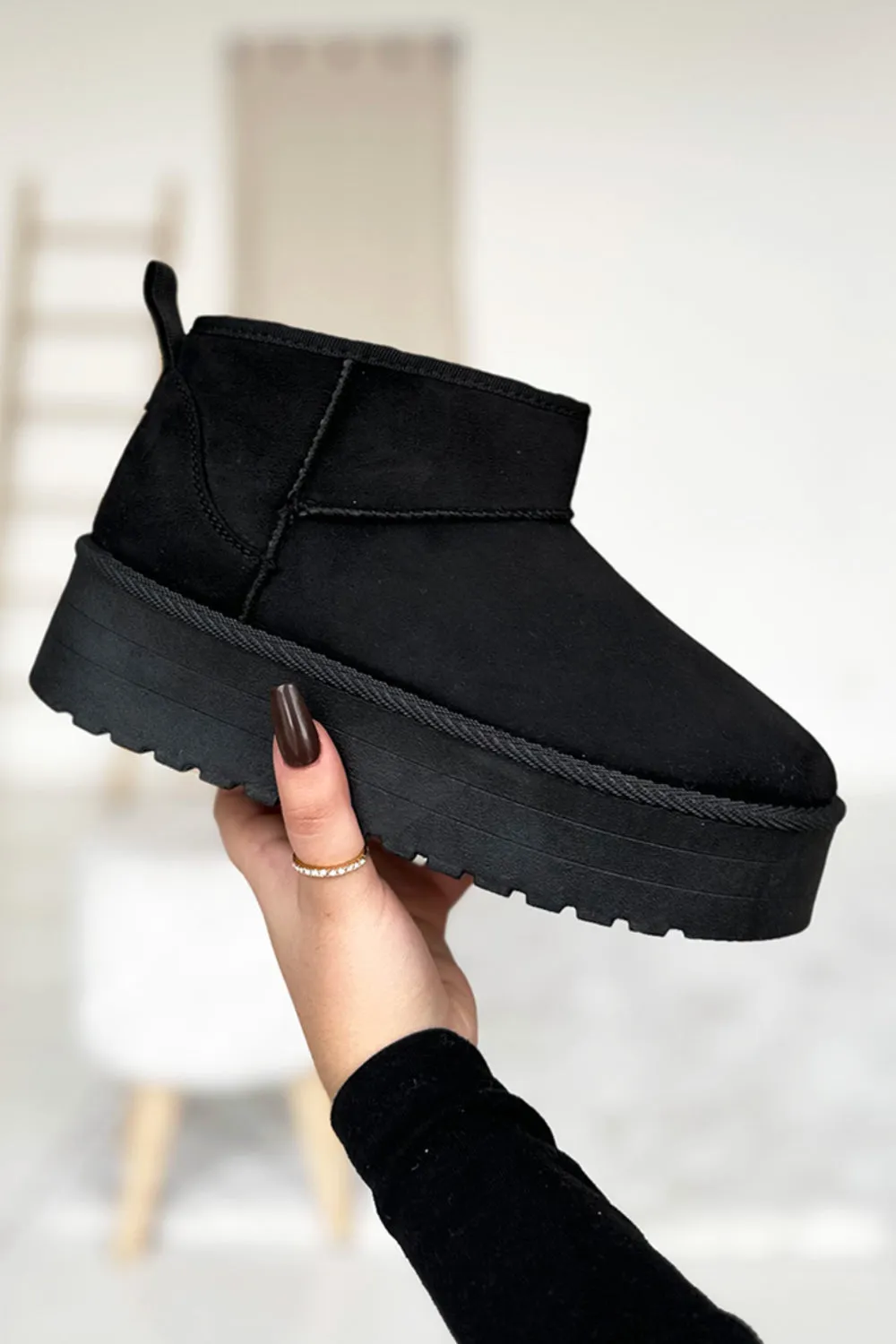 BLACK ULTRA MINI PLATFORM FAUX FUR LINED ANKLE BOOTS