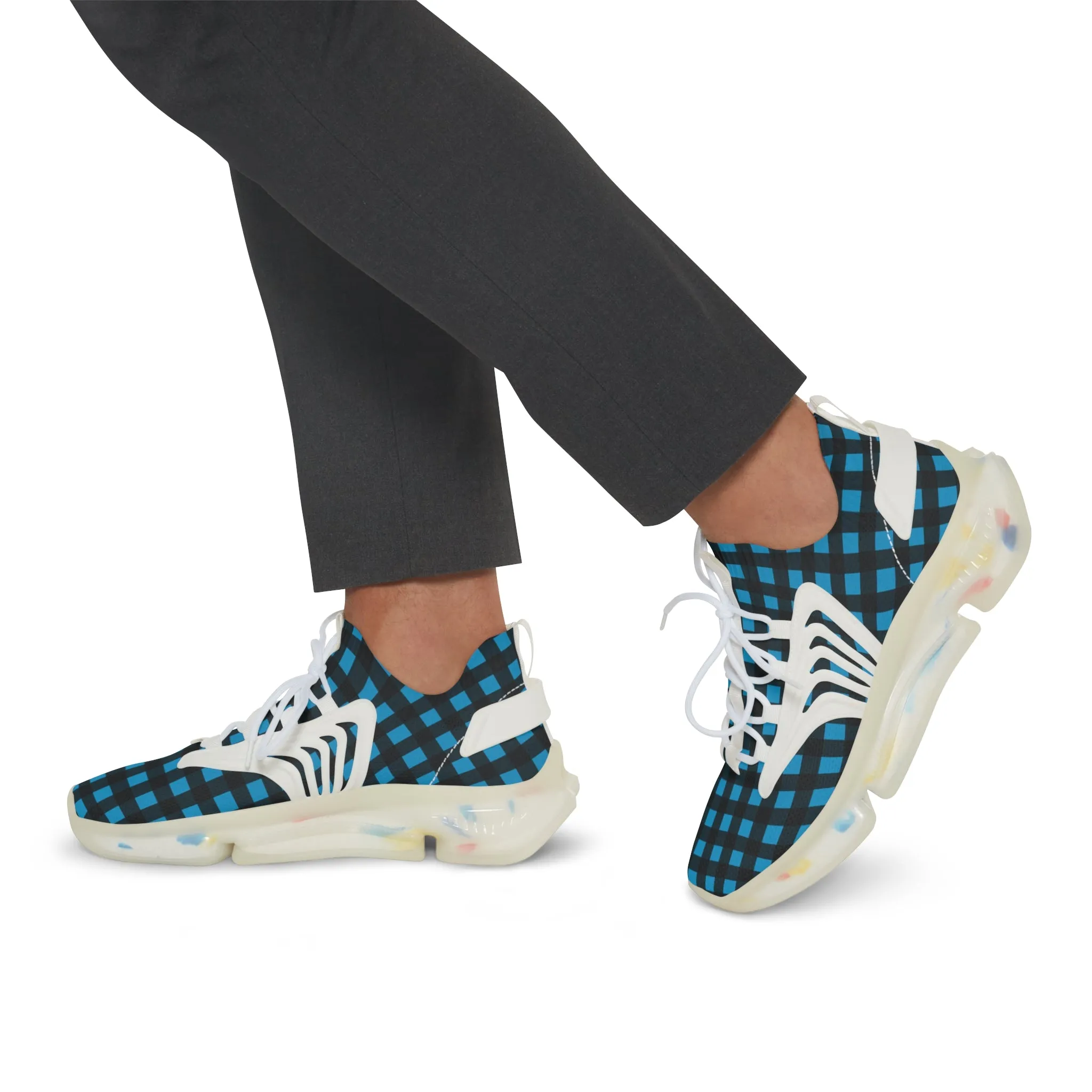 Blue Plaid Men's Mesh Sneakers, Blue Buffalo Plaid Print Men's Sneakers Best Comfy Men's Mesh Sports Sneakers Shoes (US Size: 5-12)