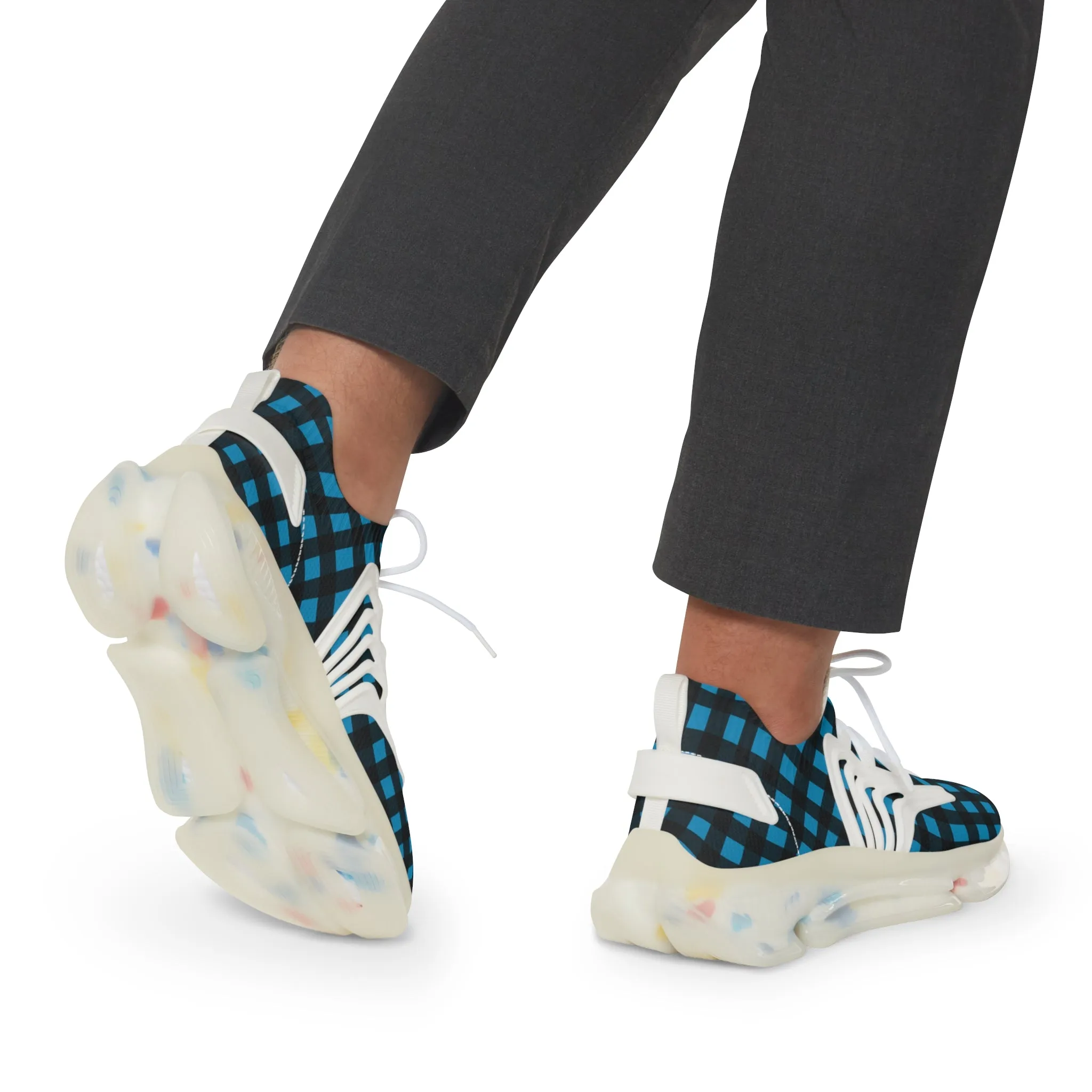 Blue Plaid Men's Mesh Sneakers, Blue Buffalo Plaid Print Men's Sneakers Best Comfy Men's Mesh Sports Sneakers Shoes (US Size: 5-12)