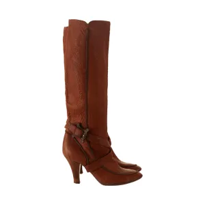 Celine Brown Knee High Logo Buckle Boots