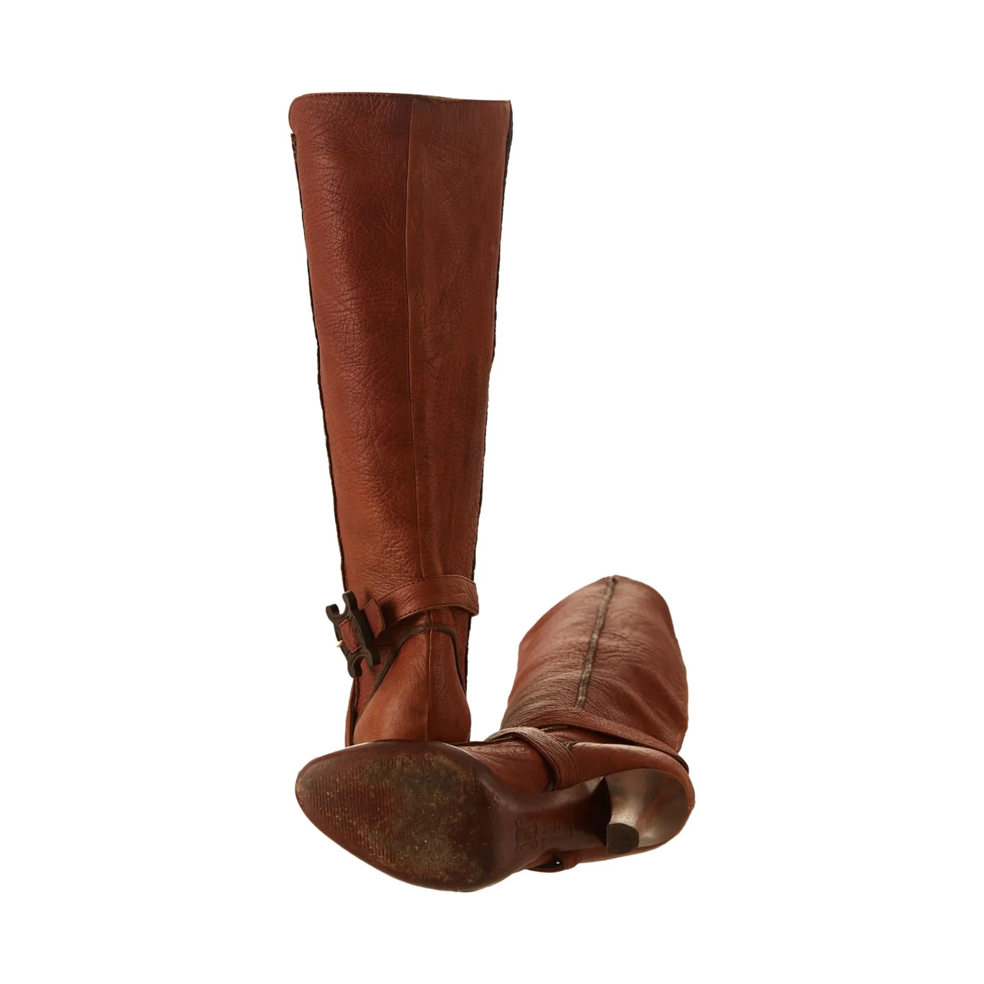 Celine Brown Knee High Logo Buckle Boots