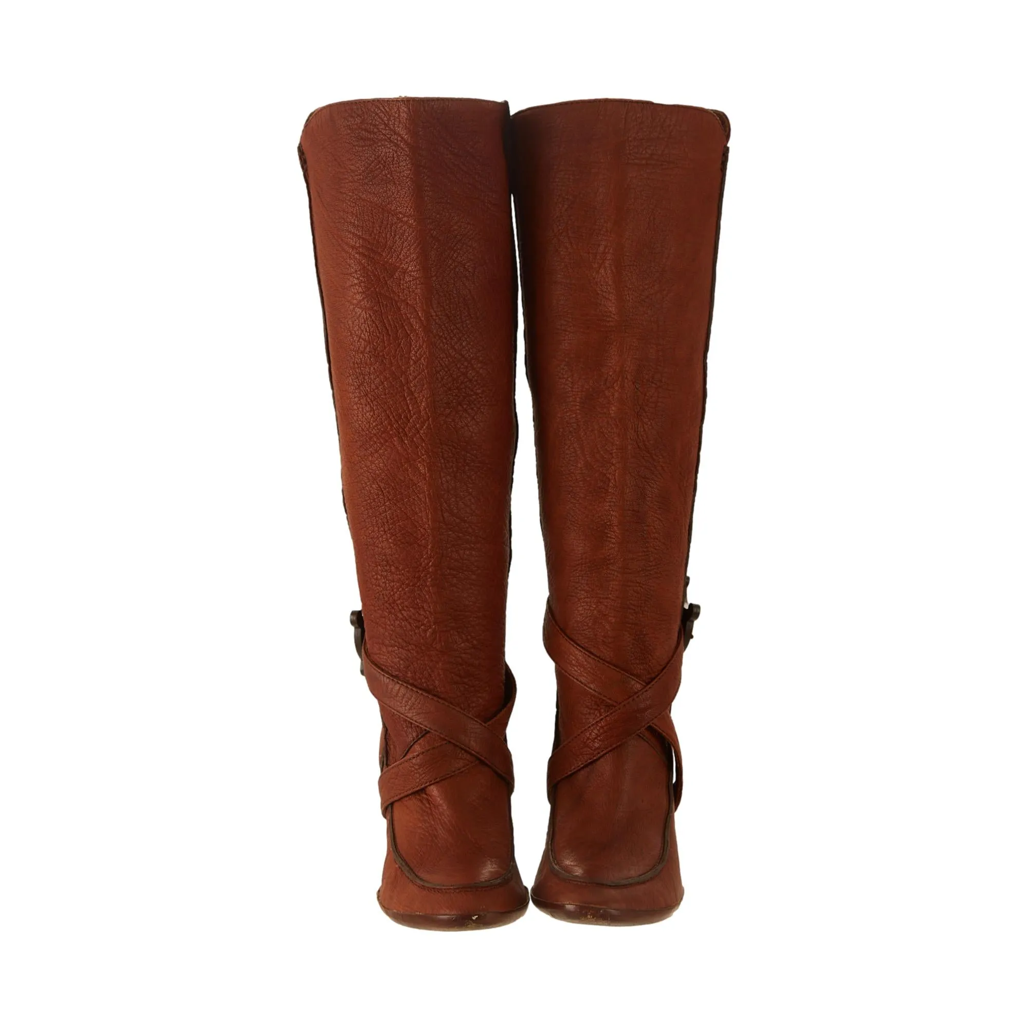 Celine Brown Knee High Logo Buckle Boots