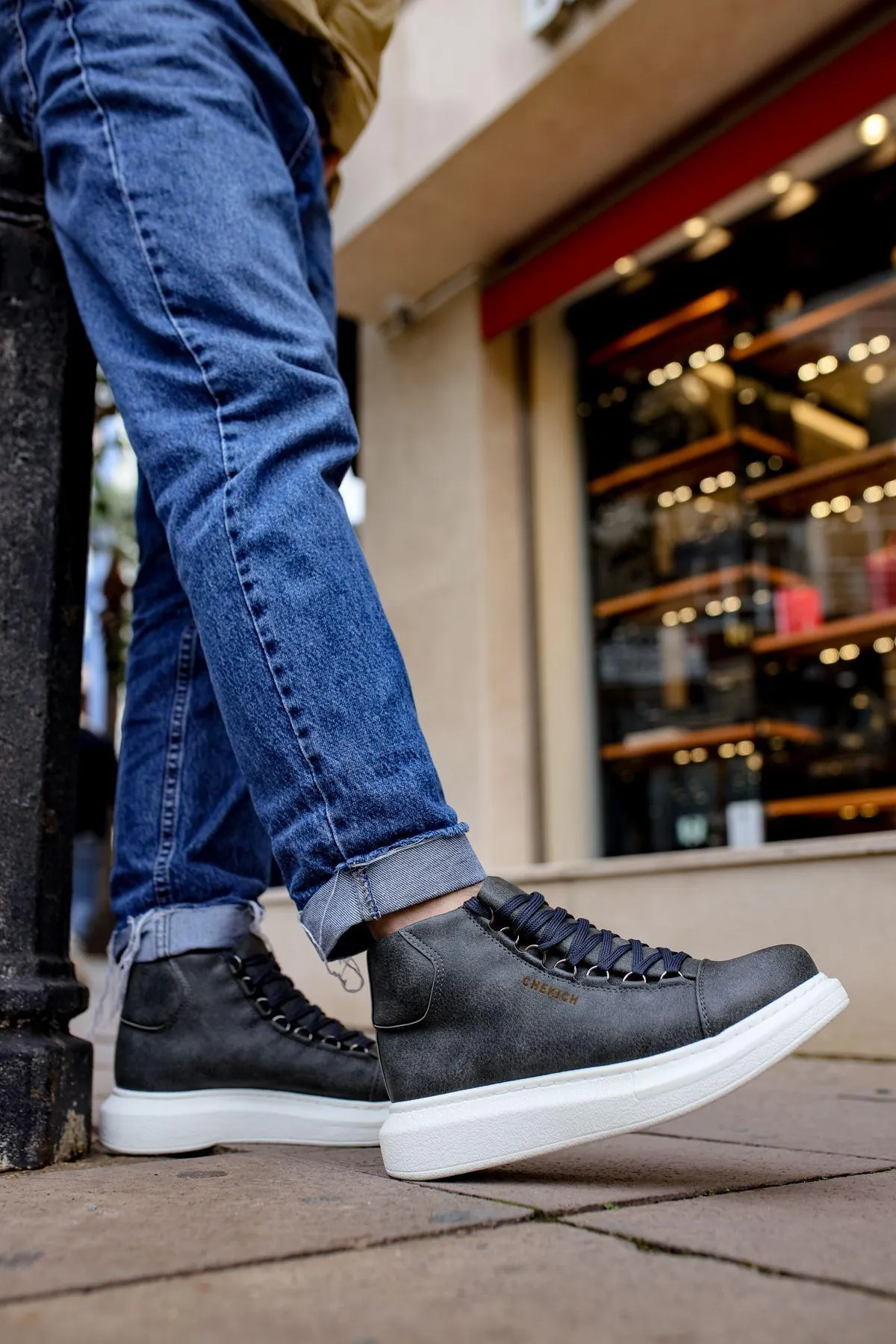 CH258 Men's Antrachite-White Sole Metal Slug Lace-up High Sole Casual Sneaker Sports Boots