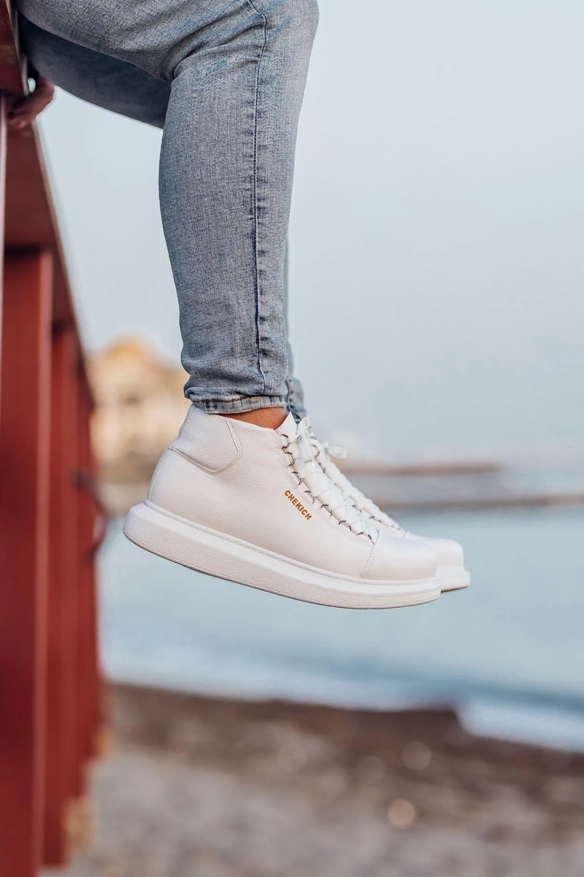 CH258 Men's White Metal Slug Lace-up High Sole Casual Sneaker Sports Boots
