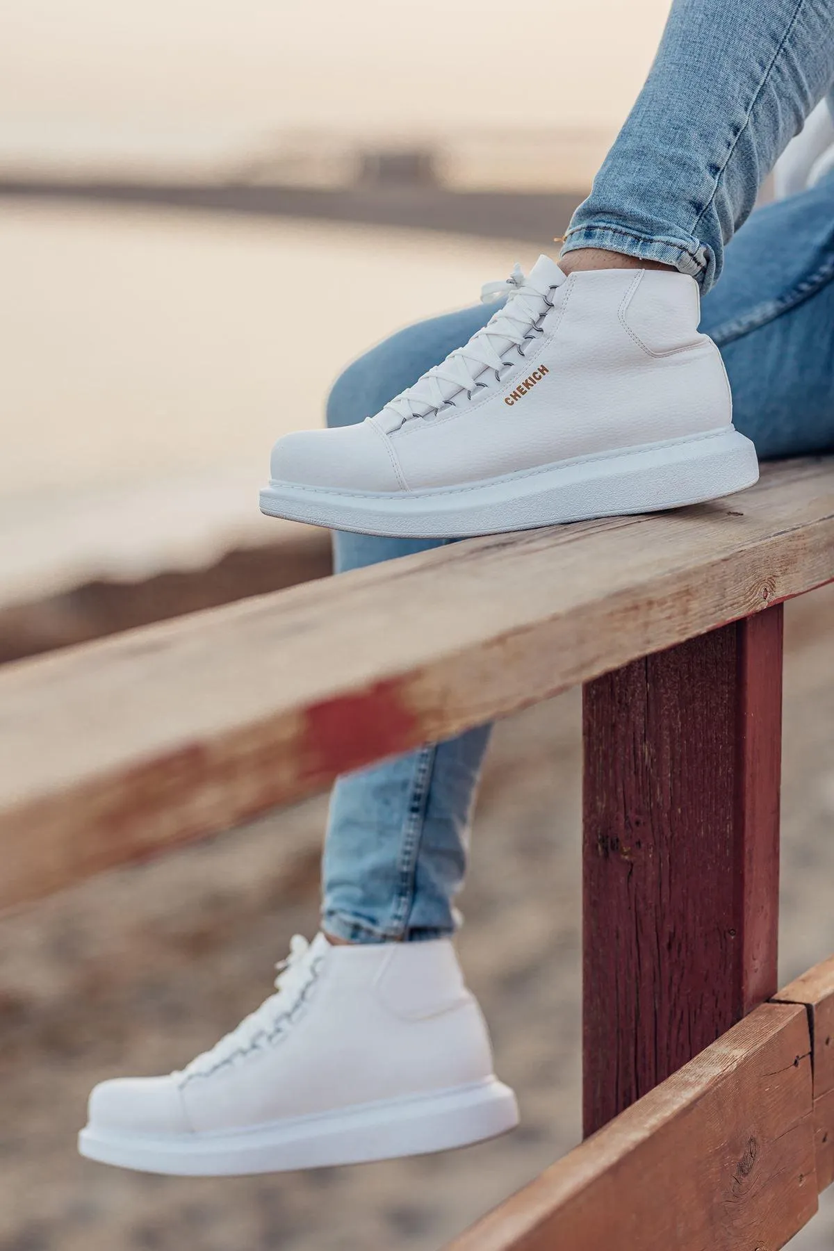 CH258 Men's White Metal Slug Lace-up High Sole Casual Sneaker Sports Boots