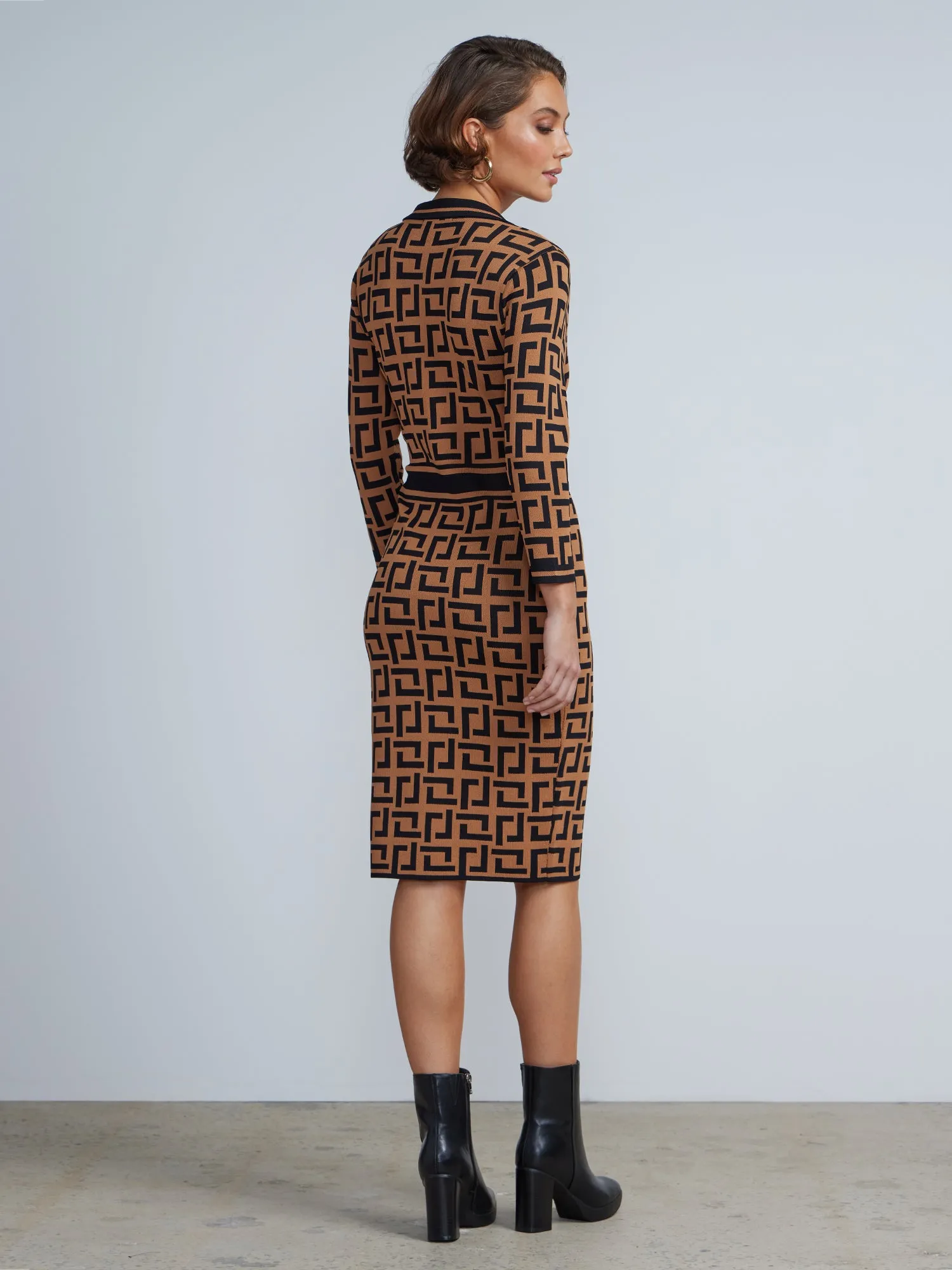 Collar V-neck 3/4 Sleeve Geometric Print Dress