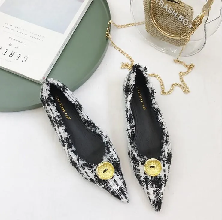 Cosy Pumps Metal Button Check Point Toe Flat Loafers