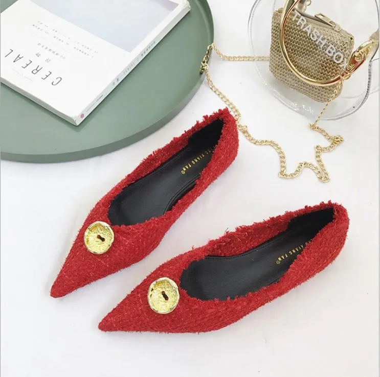 Cosy Pumps Metal Button Check Point Toe Flat Loafers
