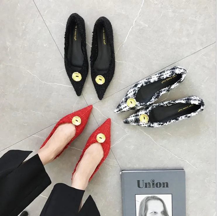 Cosy Pumps Metal Button Check Point Toe Flat Loafers