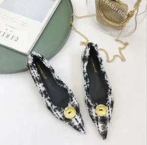 Cosy Pumps Metal Button Check Point Toe Flat Loafers