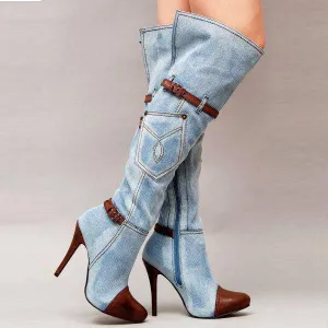 Denim Patchwork Stiletto High Heels Knee-length Boots