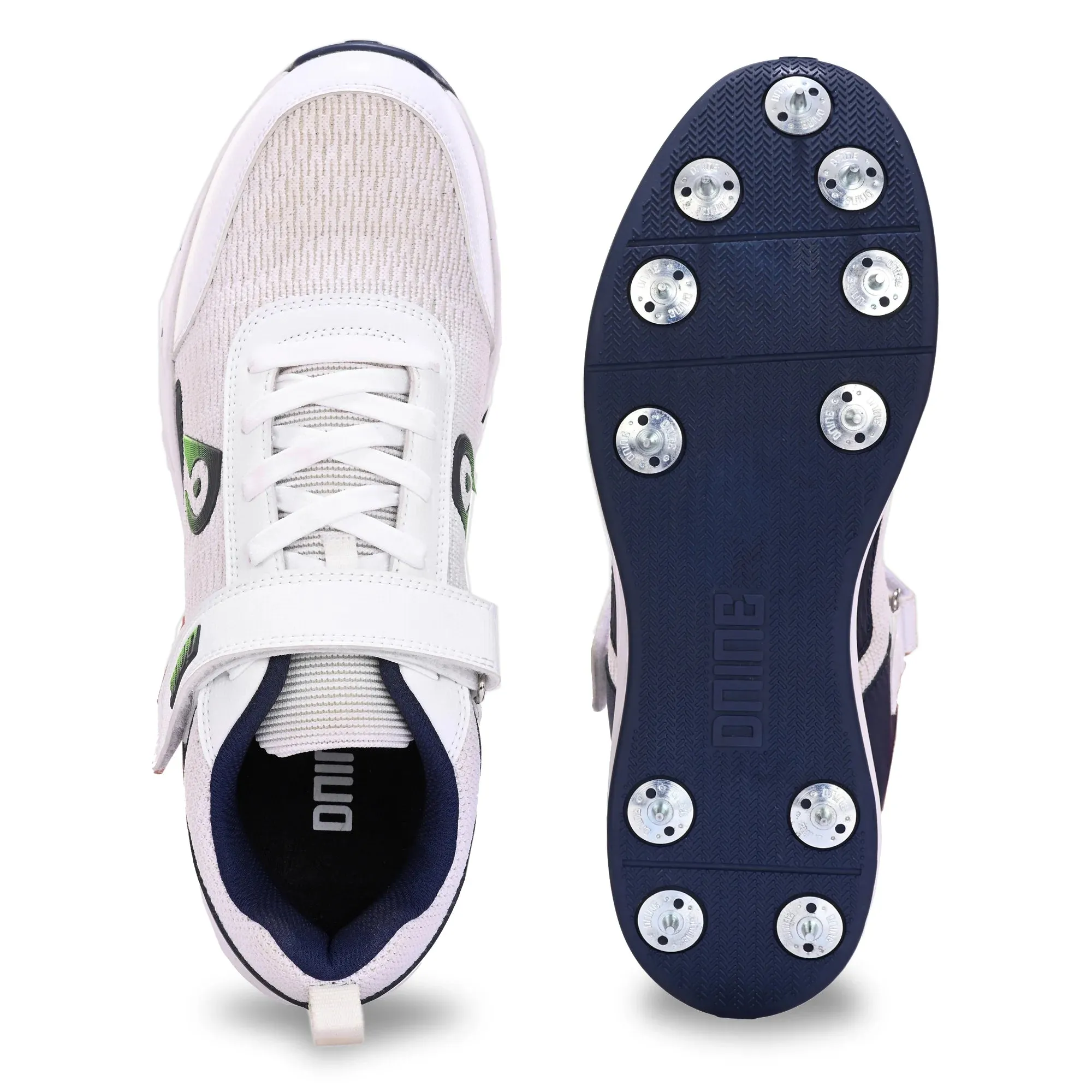 Dnine Warrior-2 Bowling Spikes Cricket Shoes with Free Socks –Blue/White, Superior Traction & Comfort for Bowlers