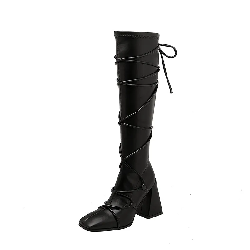 Eva Vegan Leather Chunky Heel strappy Knee High Boots