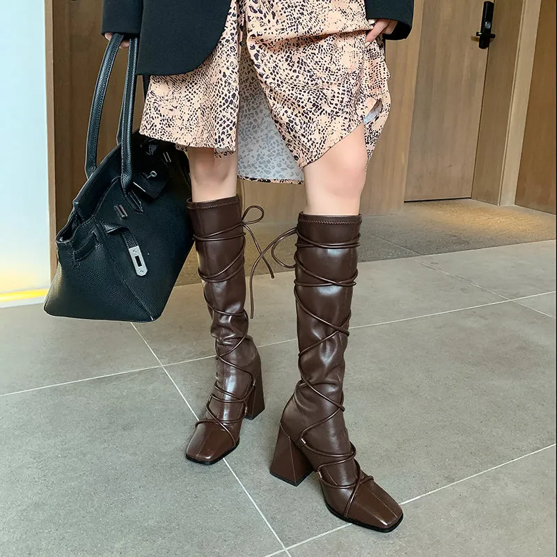 Eva Vegan Leather Chunky Heel strappy Knee High Boots