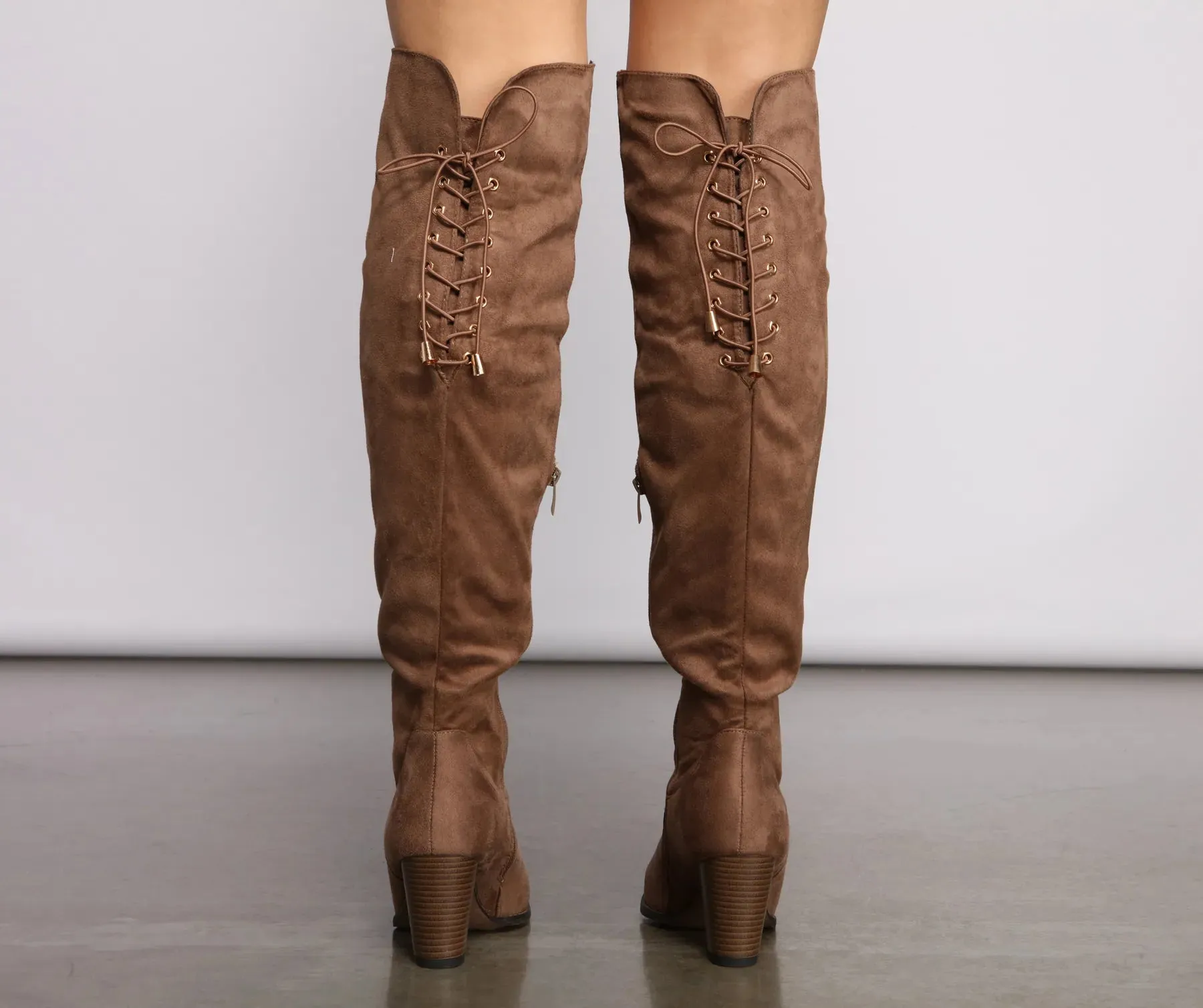 Faux Suede Lace-Up Stacked Heel Boots