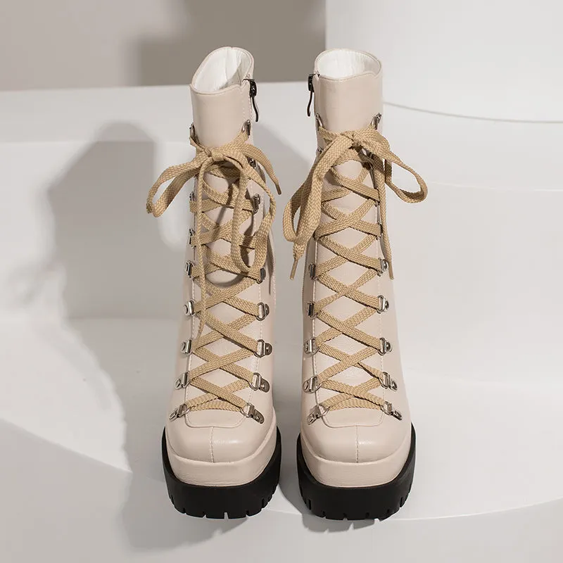 Fay Lace up Beige Platform Boots