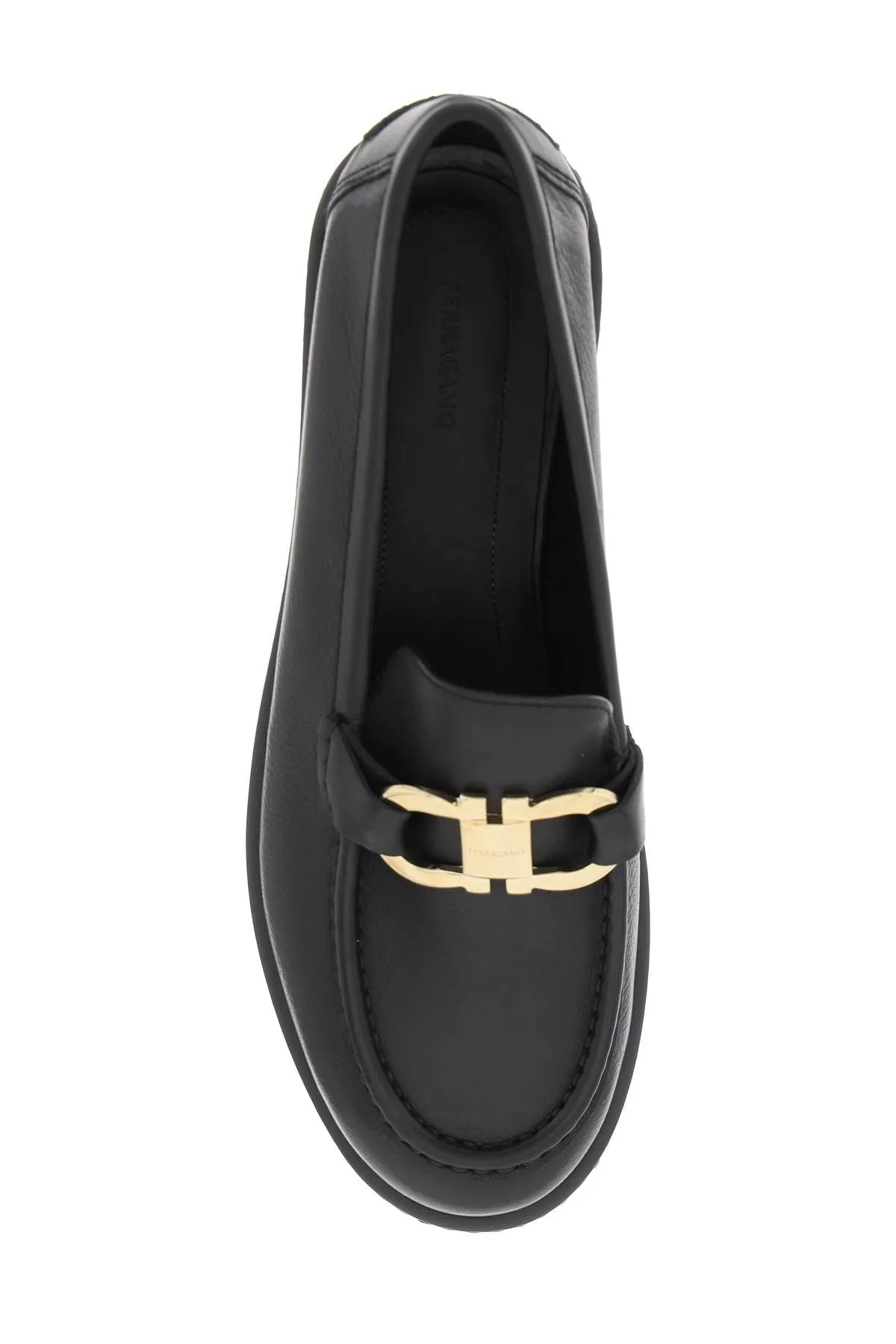 Ferragamo Gancini Hook Buckle Loafers in Black- Women's Grained Leather Moccasins