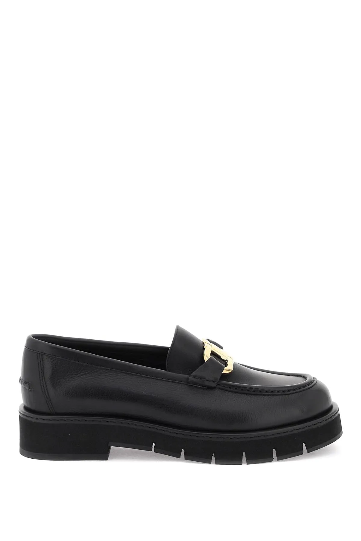 Ferragamo Gancini Hook Buckle Loafers in Black- Women's Grained Leather Moccasins