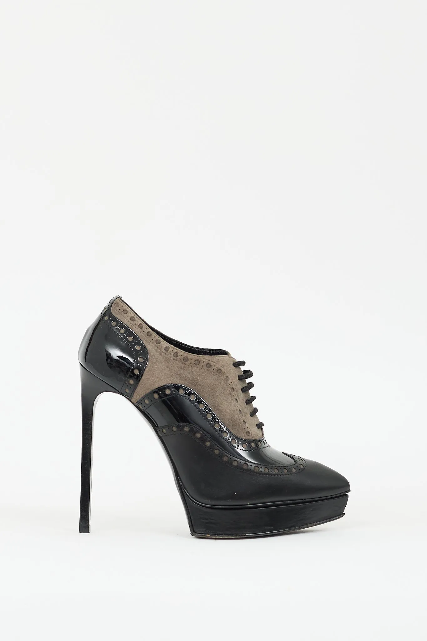 Grey & Black Leather Janis Platform Brogue Boot