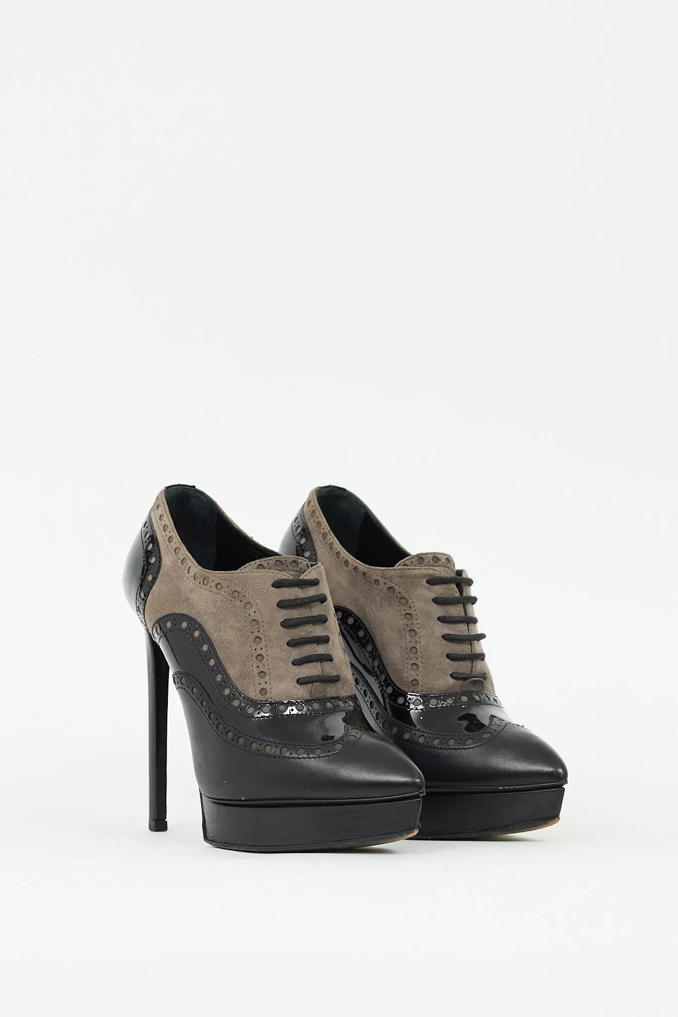 Grey & Black Leather Janis Platform Brogue Boot