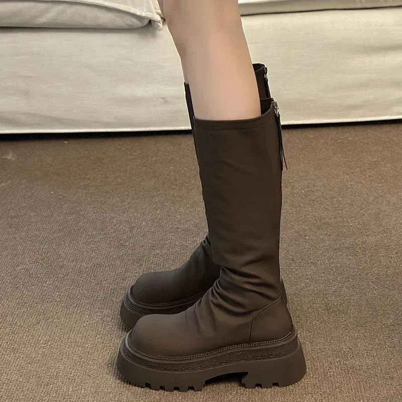 Hnzxzm New Platform Women Knee High Boots Fashion Back Zippers Knight Long Booties Autumn Winter Female Thick Heel Shoes