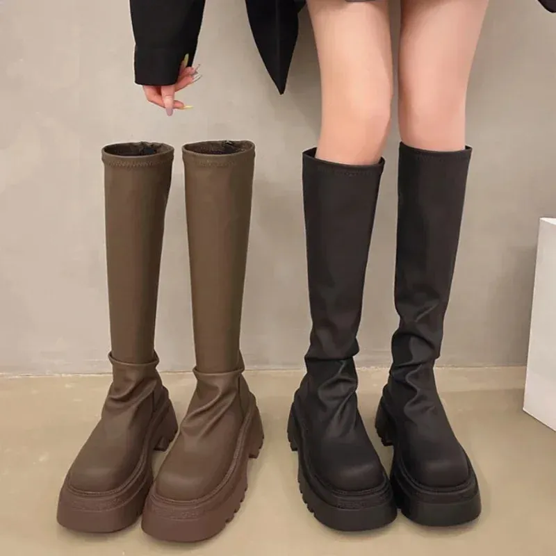 Hnzxzm New Platform Women Knee High Boots Fashion Back Zippers Knight Long Booties Autumn Winter Female Thick Heel Shoes