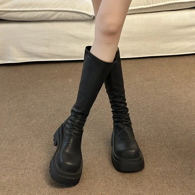 Hnzxzm New Platform Women Knee High Boots Fashion Back Zippers Knight Long Booties Autumn Winter Female Thick Heel Shoes