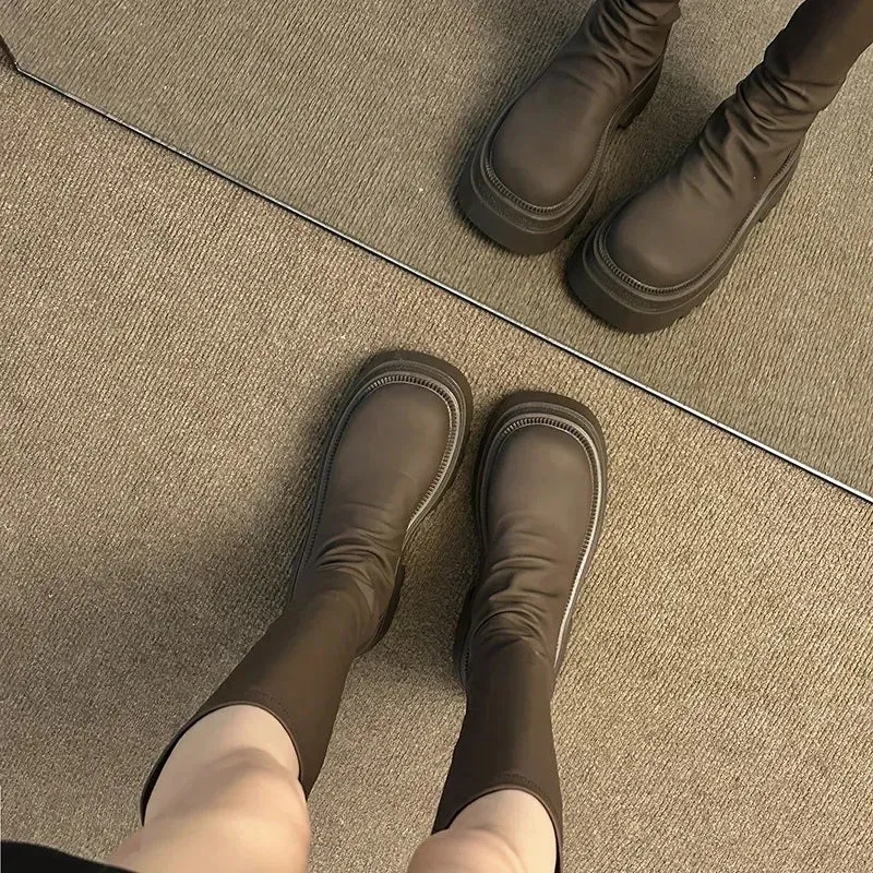 Hnzxzm New Platform Women Knee High Boots Fashion Back Zippers Knight Long Booties Autumn Winter Female Thick Heel Shoes