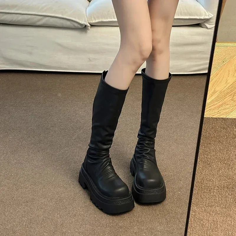 Hnzxzm New Platform Women Knee High Boots Fashion Back Zippers Knight Long Booties Autumn Winter Female Thick Heel Shoes