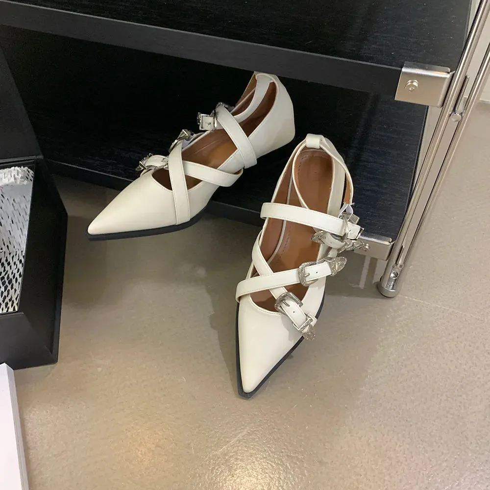 Hnzxzm Pointed Toe Women Flat Loafers Belt Buckle Autumn Spring Fashion Party Pumps Black White Silver Loafers Shoes Low Heels 35-39